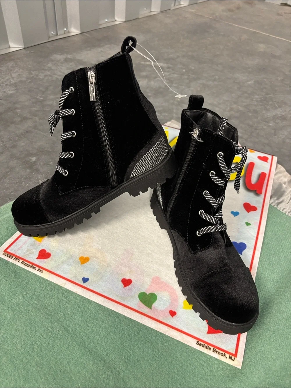 NWT Jessica Simpson Jes468 Black Velvet Combat Boots Stripe Laces Zip Side Bling